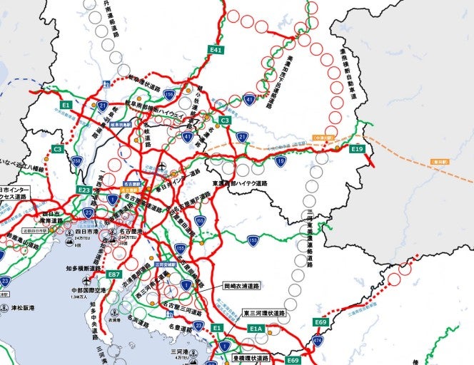 三河東美濃連絡道路の概要。愛知県・岐阜県外縁部の環状ルートとなる。