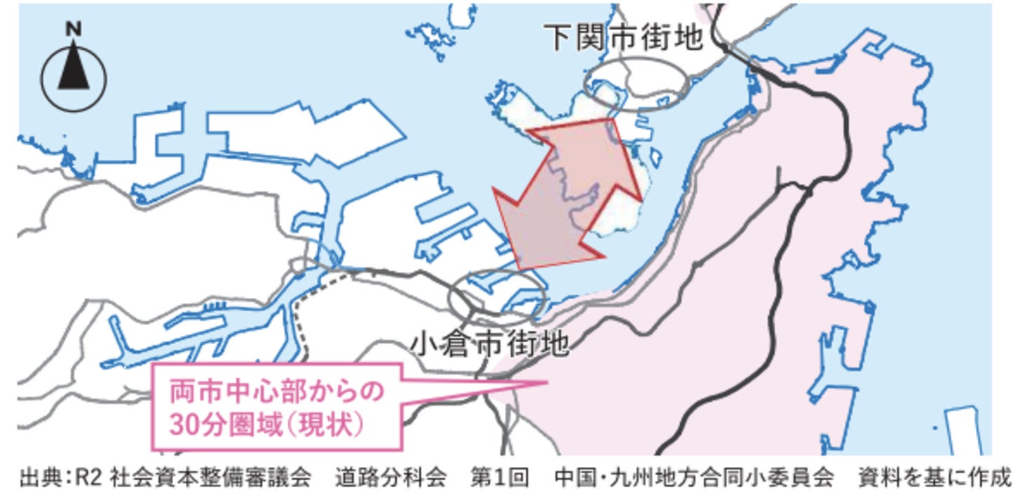 下関市と小倉市の中心部からの30分圏域。