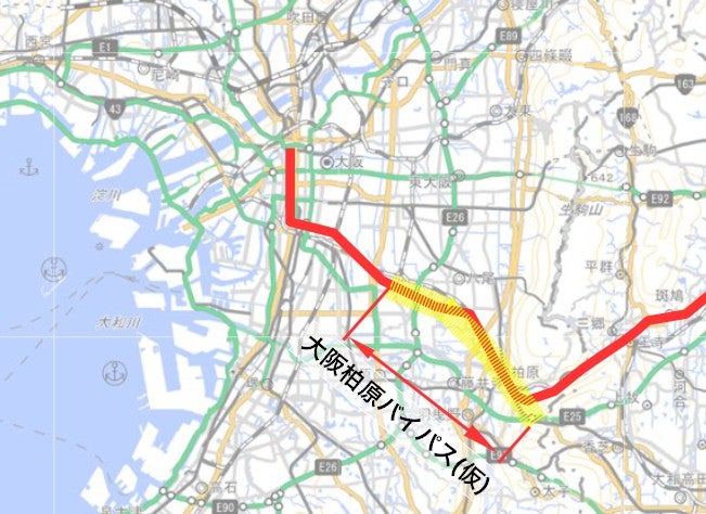 国道25号と「大阪柏原バイパス」の対象区間