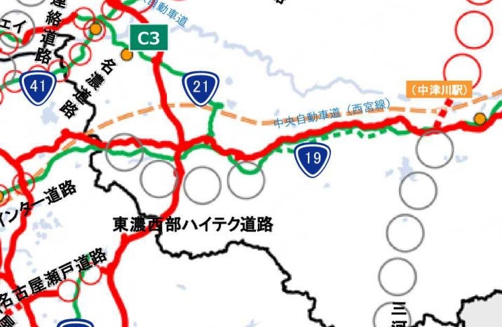 国の「新広域道路交通計画」に構想路線として位置づけられている「東濃西部ハイテク道路」
