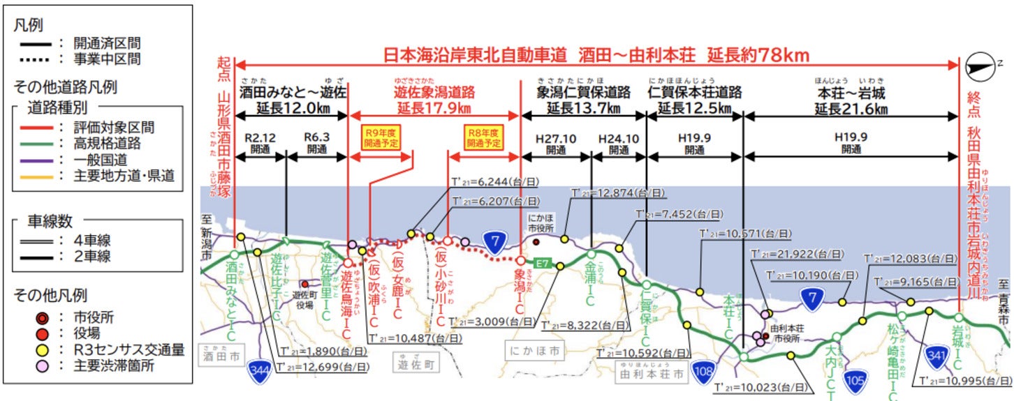遊佐象潟道路の全体位置図