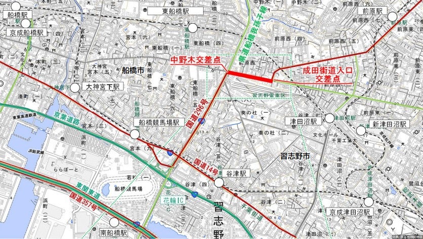 新たな道路改良事業として、事業化された「前原西工区」の位置図。