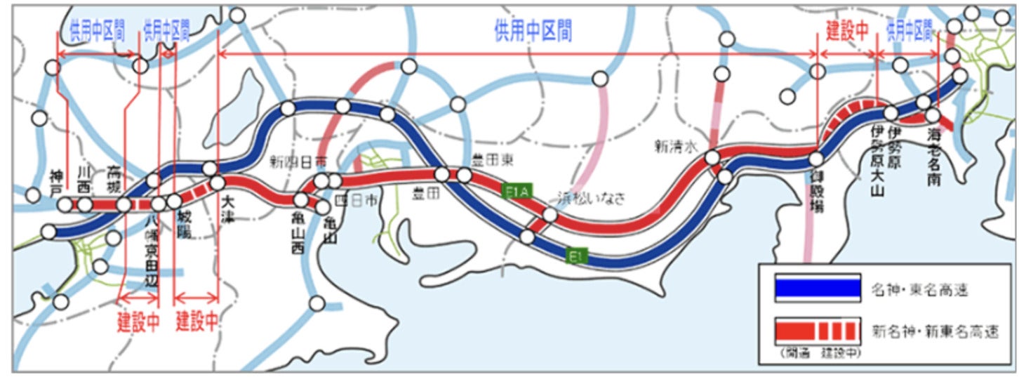 名神・東名と新名神・新東名の位置図