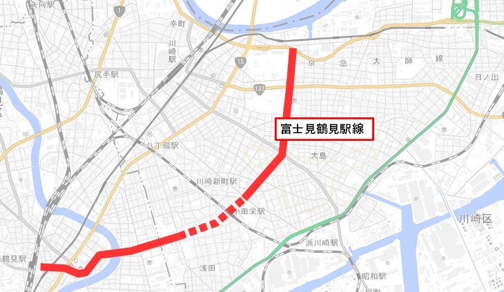 都市計画道路「富士見鶴見駅線」の概要。JR南武線「小田栄駅」周辺が未開通になっている