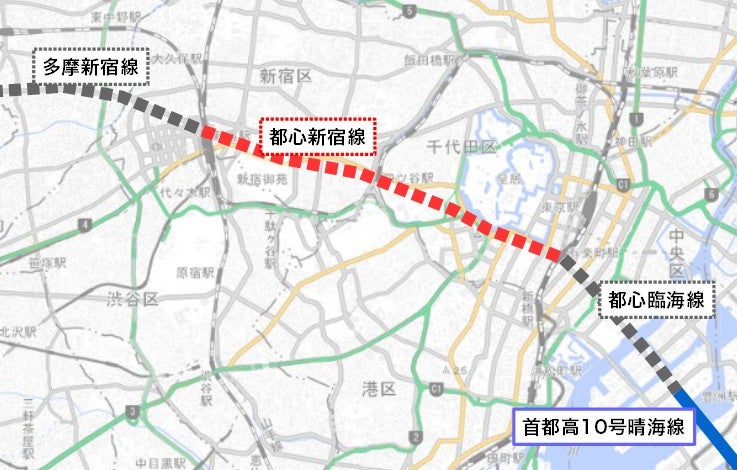 「都心新宿線」の構想ルート。甲州街道と内堀通りをトレースし、多摩新宿線と都心臨海線（いずれも構想線）に直通する。