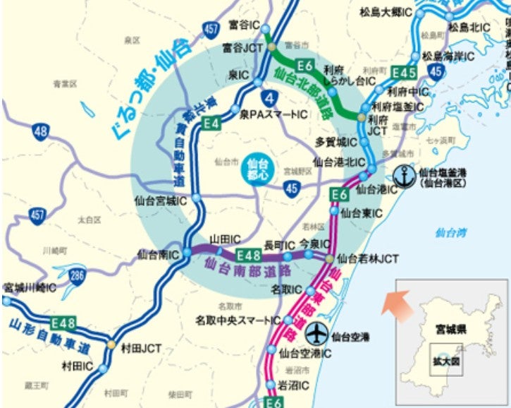 山形自動車道から仙台空港へは、大きく迂回が必要となっている