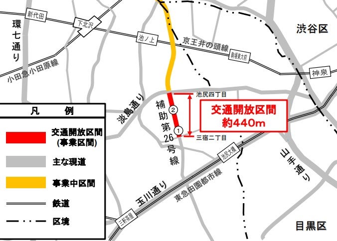 補助第26号線（三宿）交通開放区間の位置図