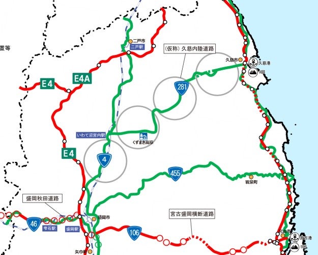 久慈内陸道路のルート帯。