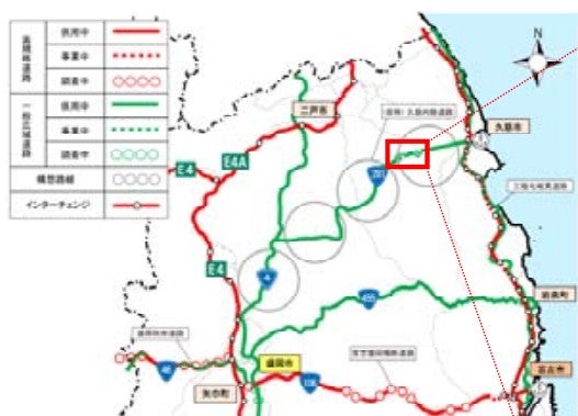 国道281号で進められる道路改良事業の位置図。