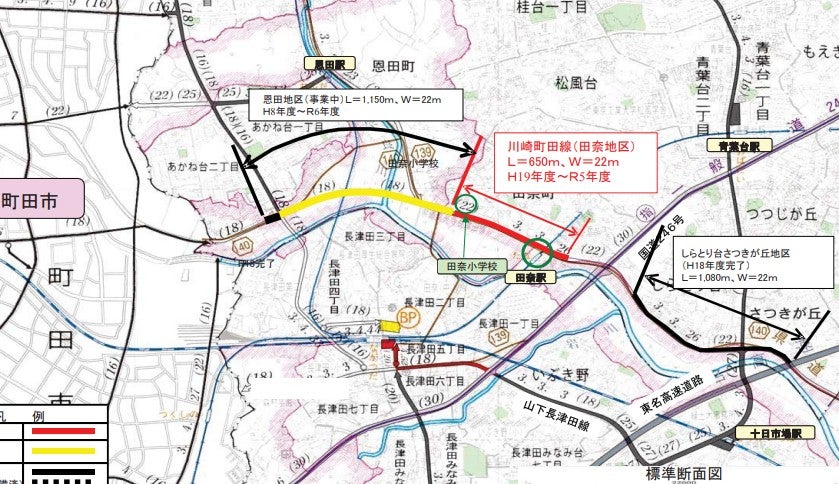 青葉区内では、川崎町田線「しらとり台工区」が先行して整備されている。