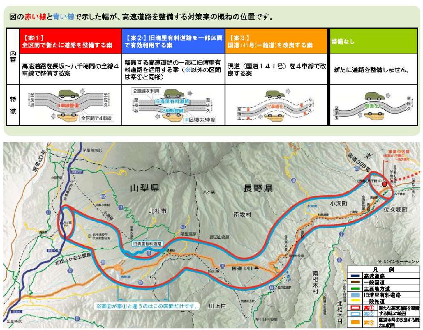 中部横断自動車道「長坂～八千穂高原」のルート帯案。