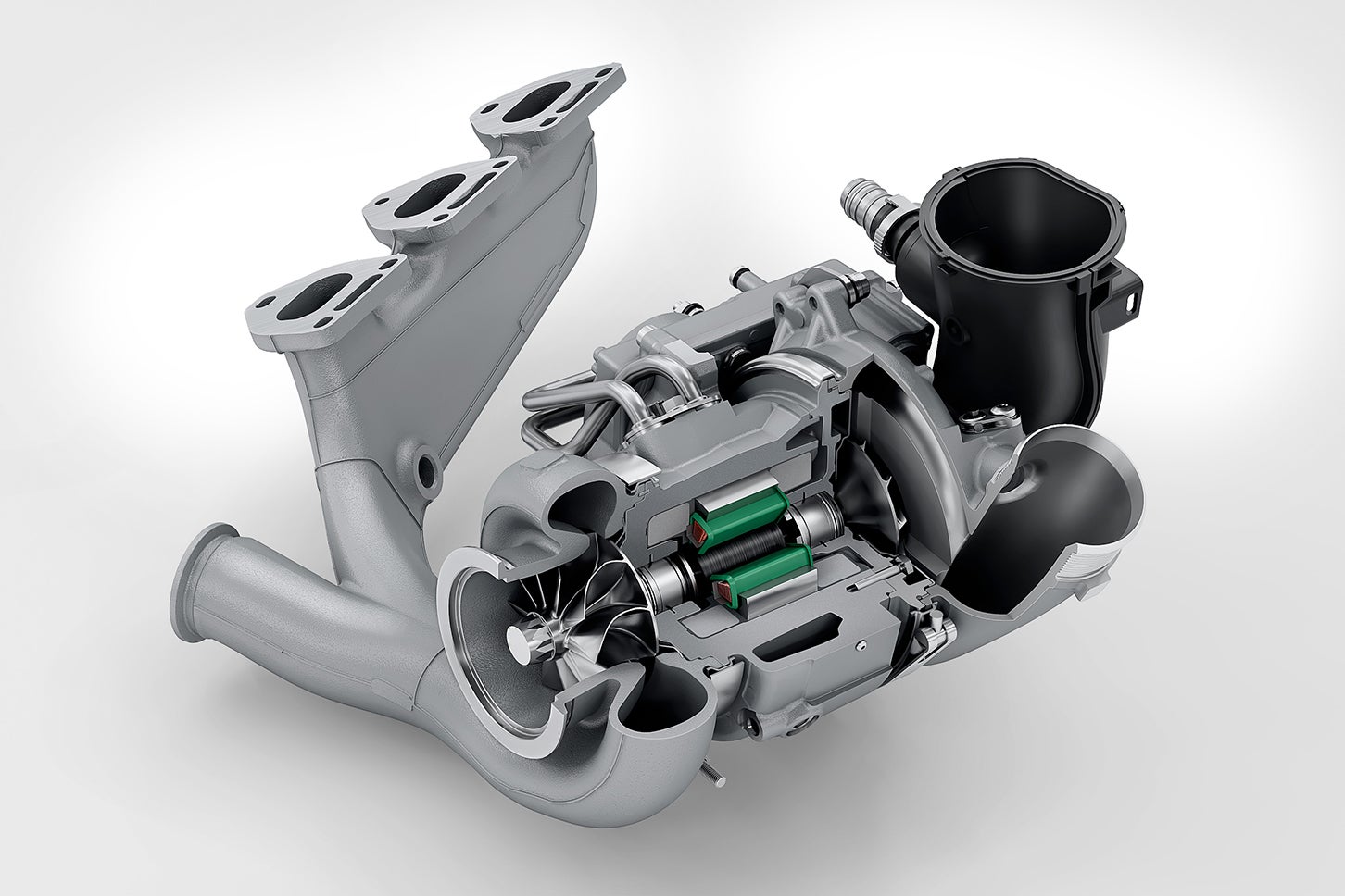 ポルシェ911カレラGTS（992.2型）｜T-ハイブリッドの要となる電動ターボチャージャー「eATL」。排気タービンとコンプレッサーホイールの間にモーターを内蔵。