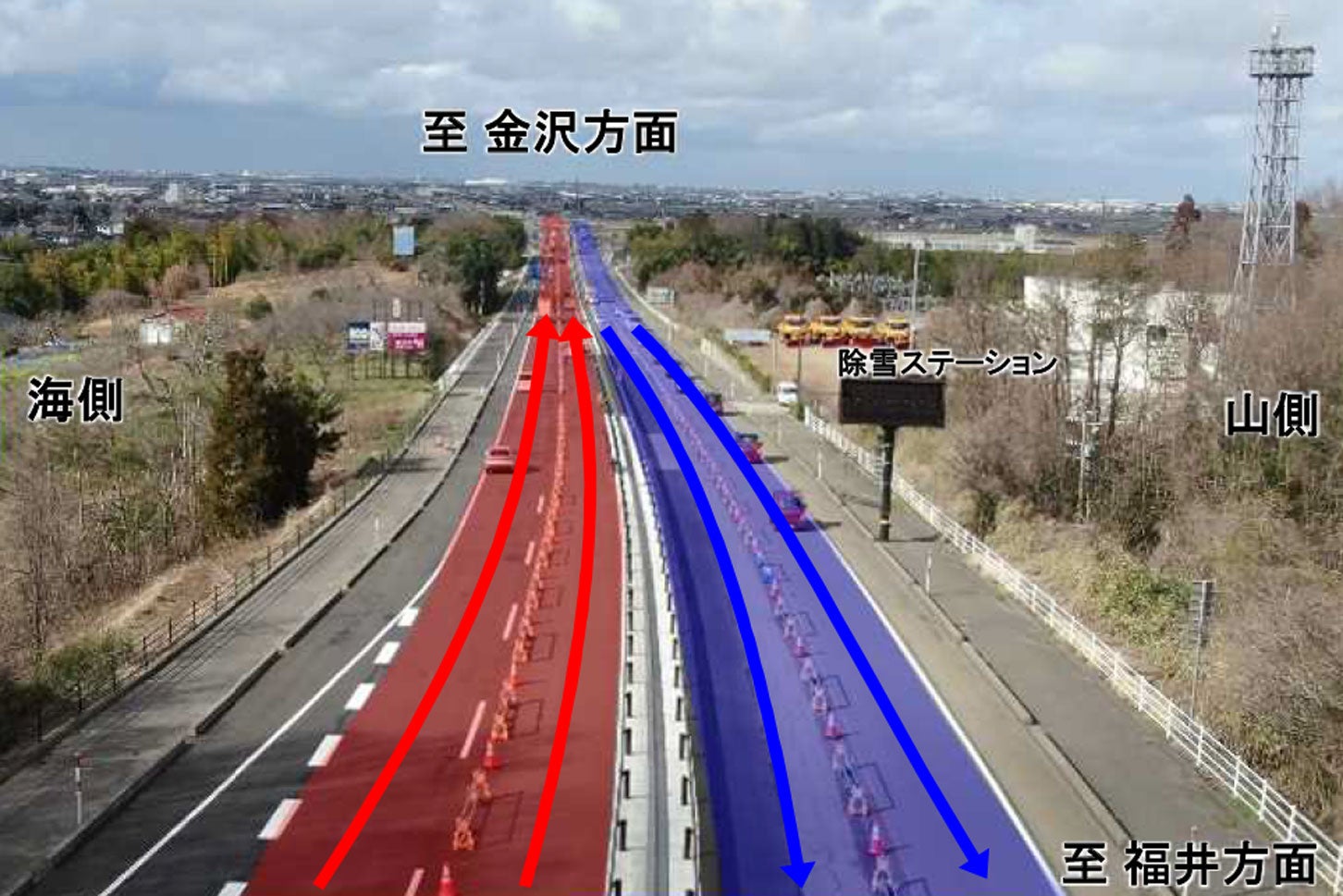 完成後の交通状況。国道8号小松バイパス「佐々木IC～八幡IC」4車線化工事の様子。