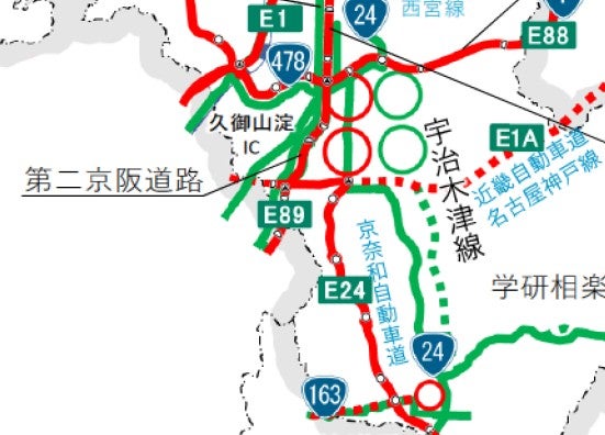 新広域道路交通計画に記載された「宇治木津線」の構想区間（緑丸）。