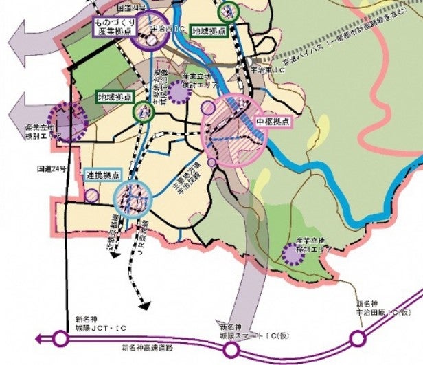 宇治市の都市計画マスタープランに記載された、「宇治木津線」のおおまかな構想ルート。京滋バイパスと新名神高速を南北に結ぶ。