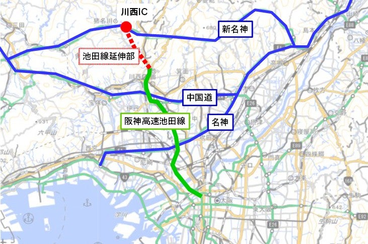 大阪中心部から伊丹空港を経て、池田市内で終点となる阪神高速池田線。新名神への延伸構想がある