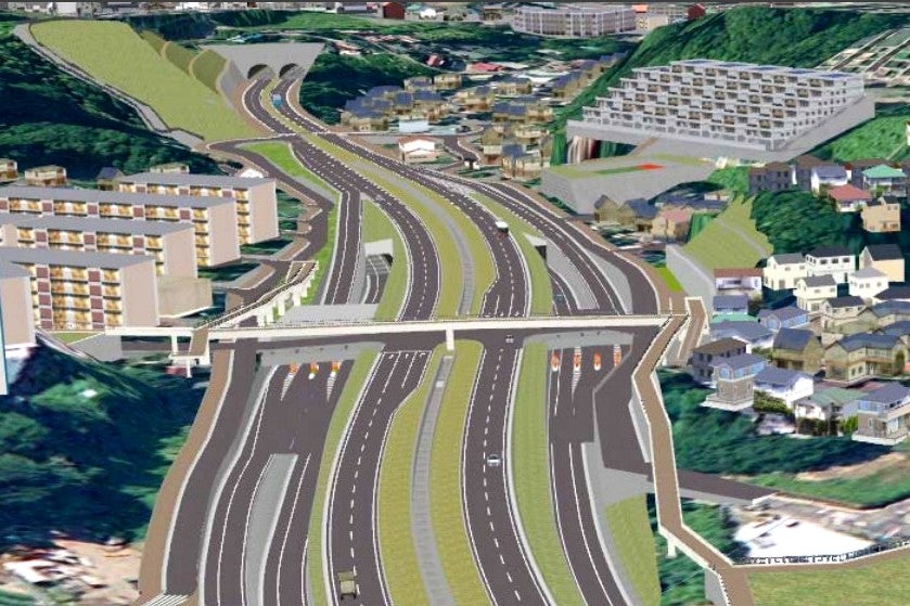 上郷公田線の完成イメージ。圏央道の公田IC付近。圏央道は地下を走り、地上道路が上郷公田線だ