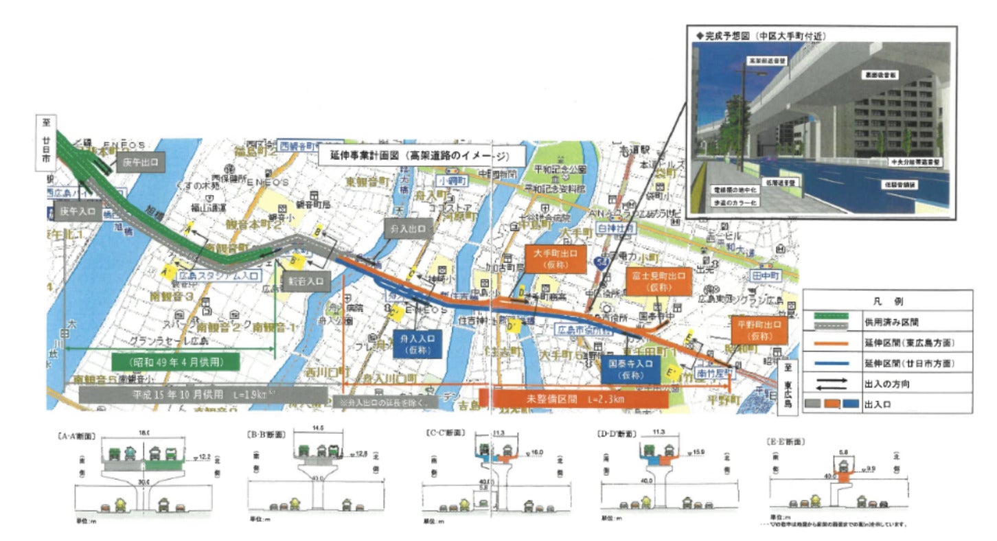 延伸事業計画図（高架道路のイメージ）と完成予想図（中区大手町付近）