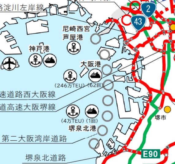 「第二大阪湾岸道路」は構想路線として丸印で記されている