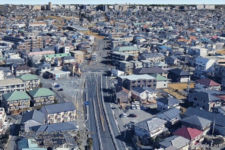 藤崎茜浜線。茜浜の臨海道路から市役所通りまでが暫定開通済み