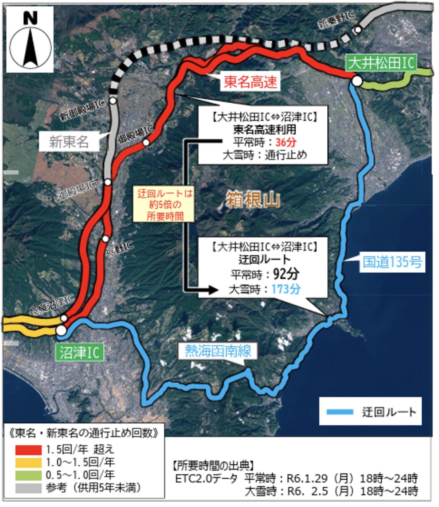 沼津ICから大井松田ICまでの迂回ルートと所要時間
