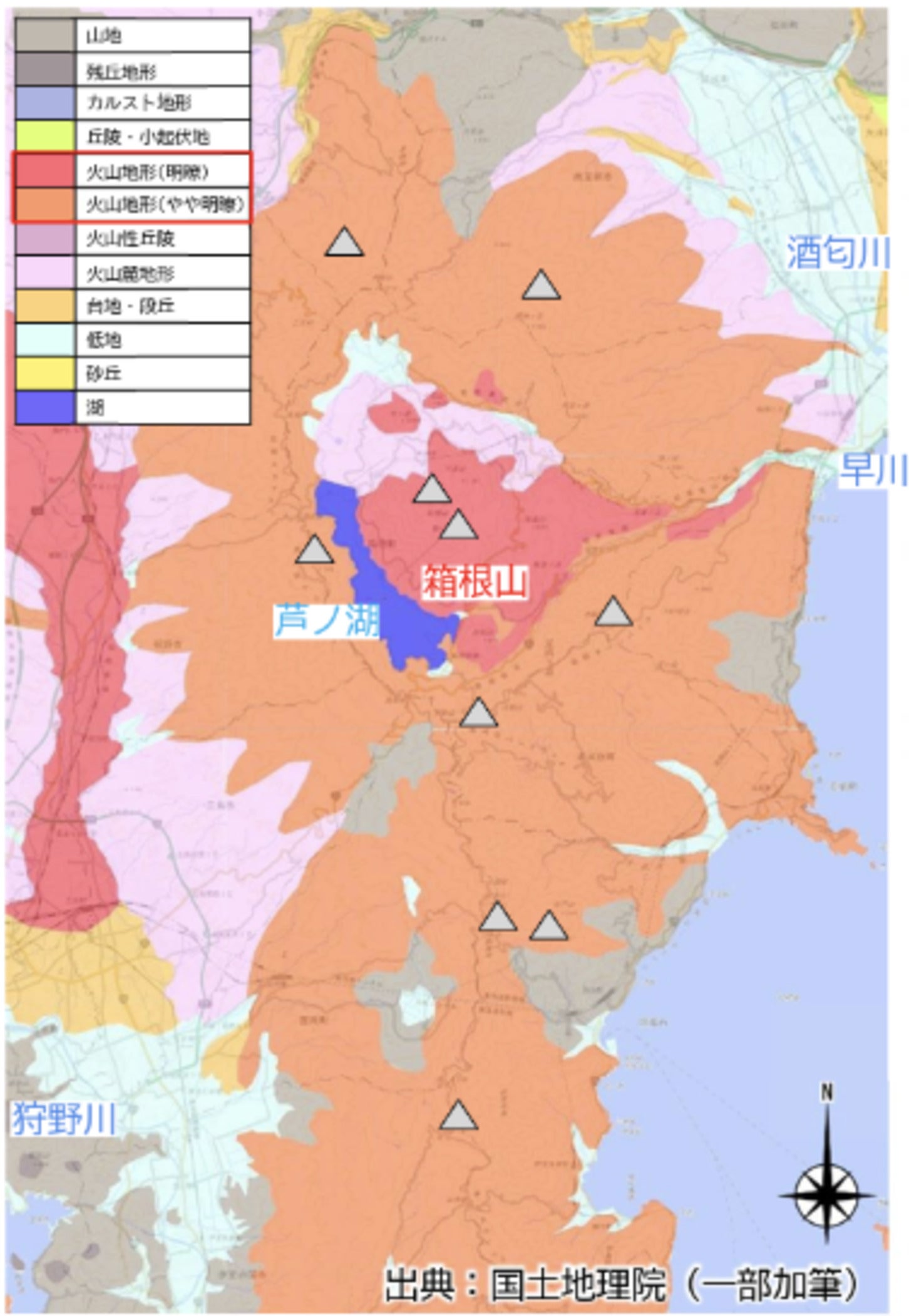 伊豆湘南道路エリアの地形分類図。急峻な産地が広がっている。