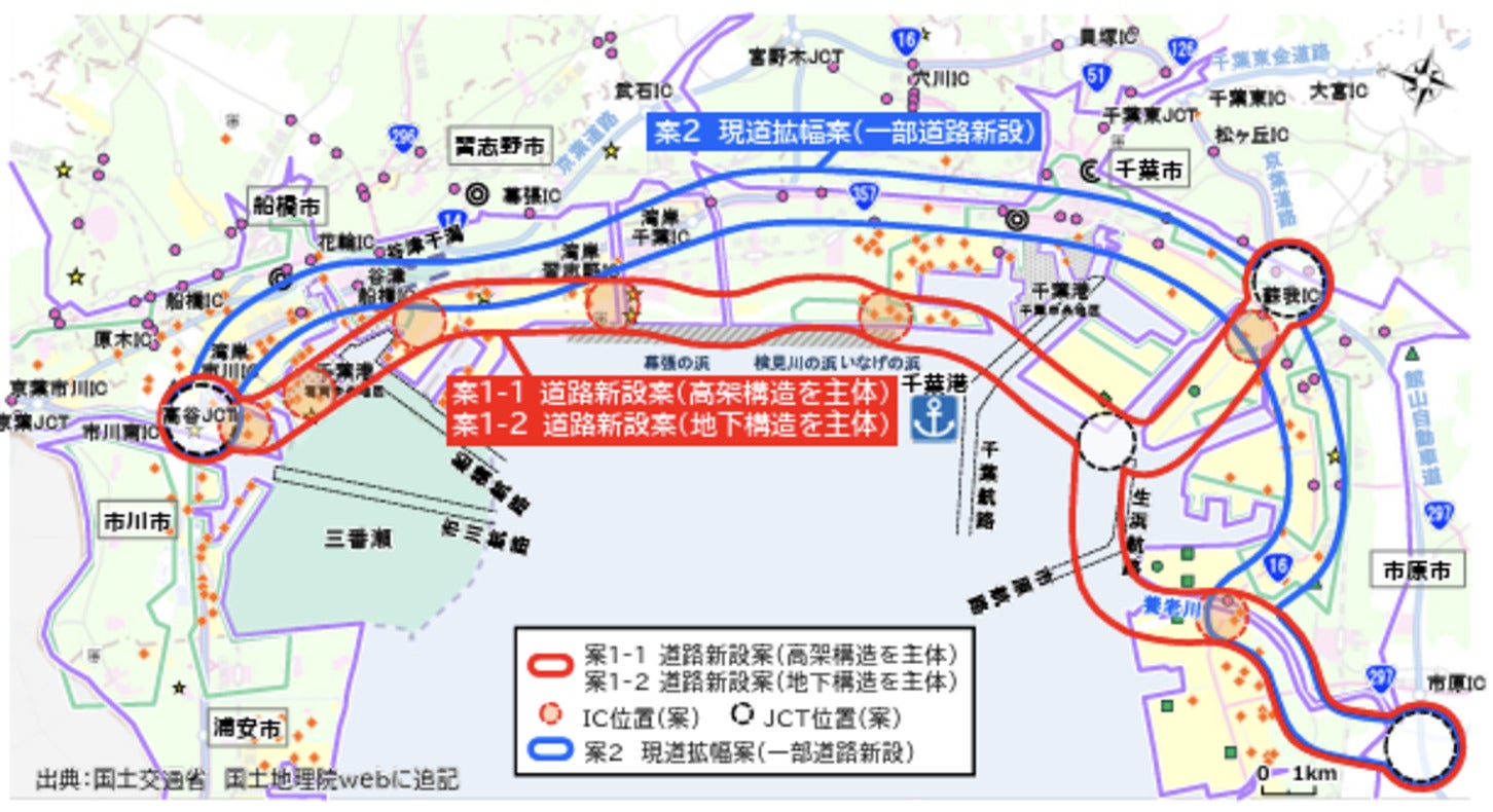 新湾岸道路のルート帯案は、これまで大きく2案だった。