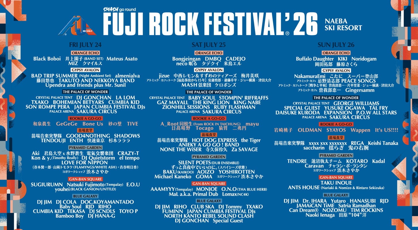 FUJI ROCK FESTIVAL '26の出演アーティスト。