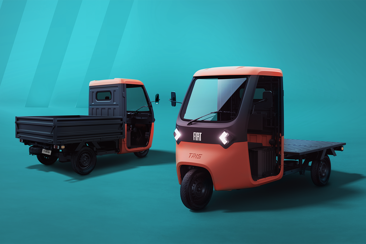 フィアット・トリス｜Fiat Tris｜2025年6月に発表された電動3輪車で、ラスト1マイル配送に向けて開発されたモデル。ボディの全長は3.17mのボディに最高出力9kW（12ps）、最大トルク45Nm（4.9kgf-m）を発生する48V電気モーターを搭載する。最高速度は45km/hだ。バッテリー容量は6.9kWhで、一充電航続距離は90kmを実現。荷台には約2.25㎡の積載スペースが確保され、標準的なユーロパレットが収納可能だ。