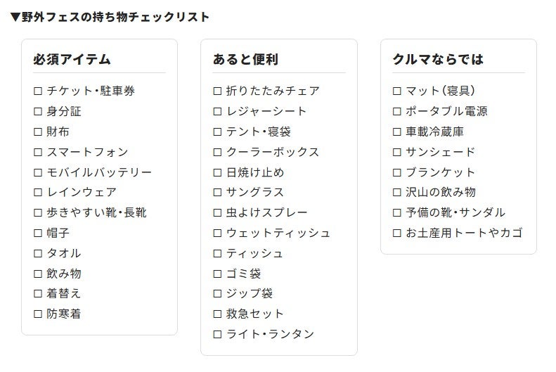 野外フェスの持ち物チェックリスト