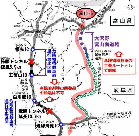 富山高山連絡道路は、危険物積載車両が通れない「東海北陸自動車道」の代替ルートとしても期待されている。