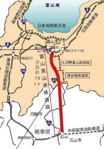 富山高山連絡道路の概要。富山県側の資料では、岐阜県内のルートがまっすぐ記載されていることが多い。
