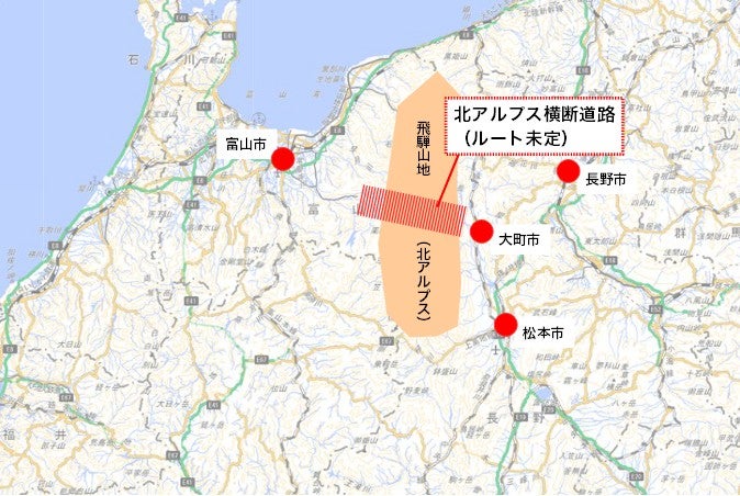 北アルプス横断道路の概要。実際は3つの構想ルートが示されている。