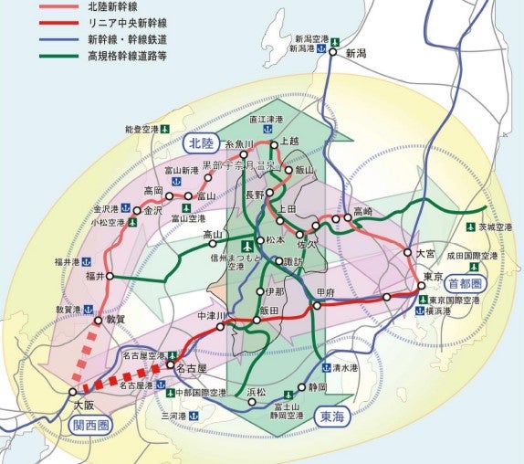 長野県の道路計画で示された移動軸構想。北アルプスを貫く方向は想定されていない。