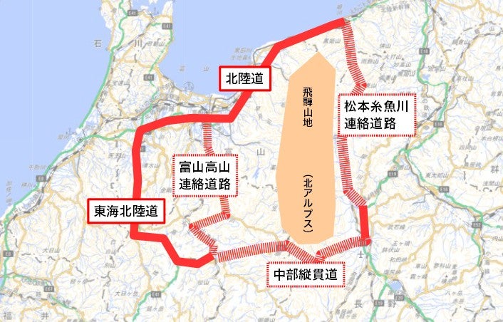 北アルプス周辺地域の移動軸として、「北アルプスゴールデンルート」と総称される3つの高規格道路が整備進行中だ