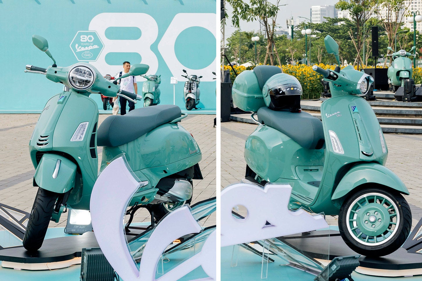 ベスパ GTS 80th（左）とスプリント 80th 180（右）。GTSは全体的に丸みを帯びたボディと、ベスパらしいクラシカルな雰囲気が特徴。ボディサイズも大きく、存在感がある。一方、スプリントは多角形のヘッドライトやボディに面構成を採用し、スポーティでシャープなスタイリングに仕上げられている。