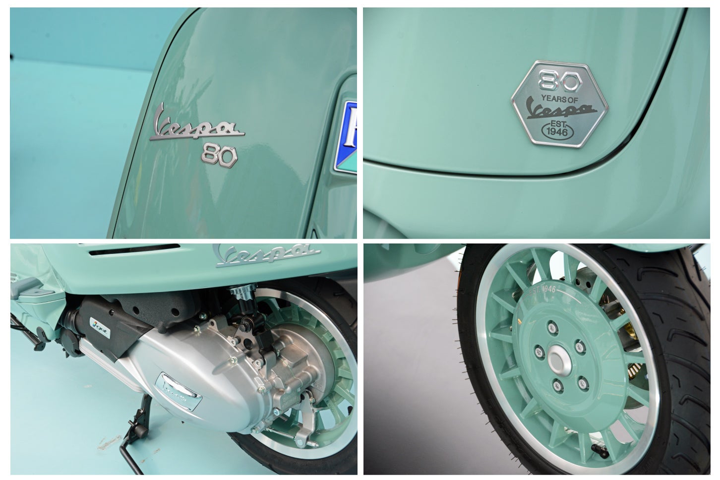 ベスパ80周年記念モデルには、特別感を演出する専用ディテールが随所に盛り込まれている。