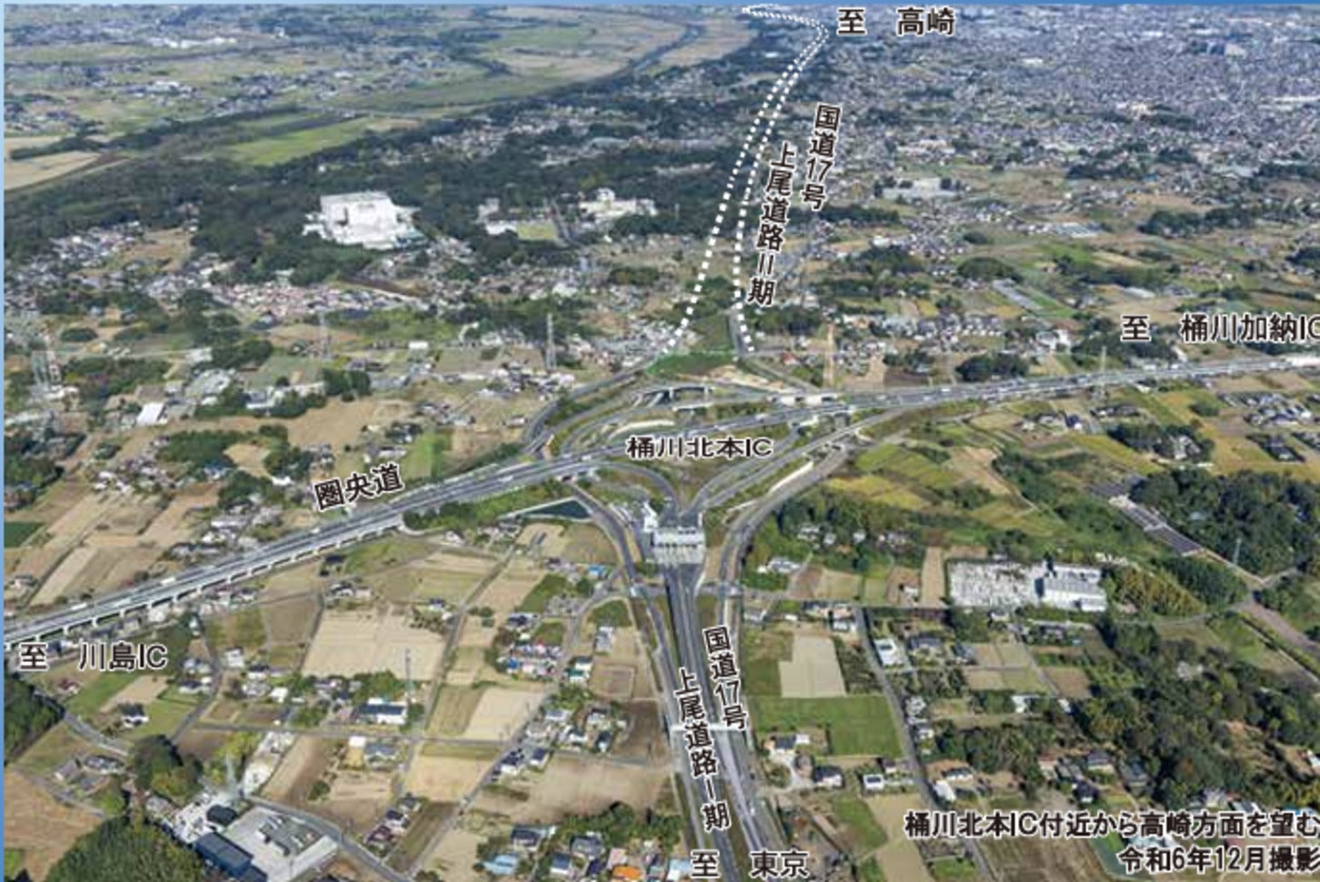 上尾道路、桶川北本IC付近から高崎方面の空撮