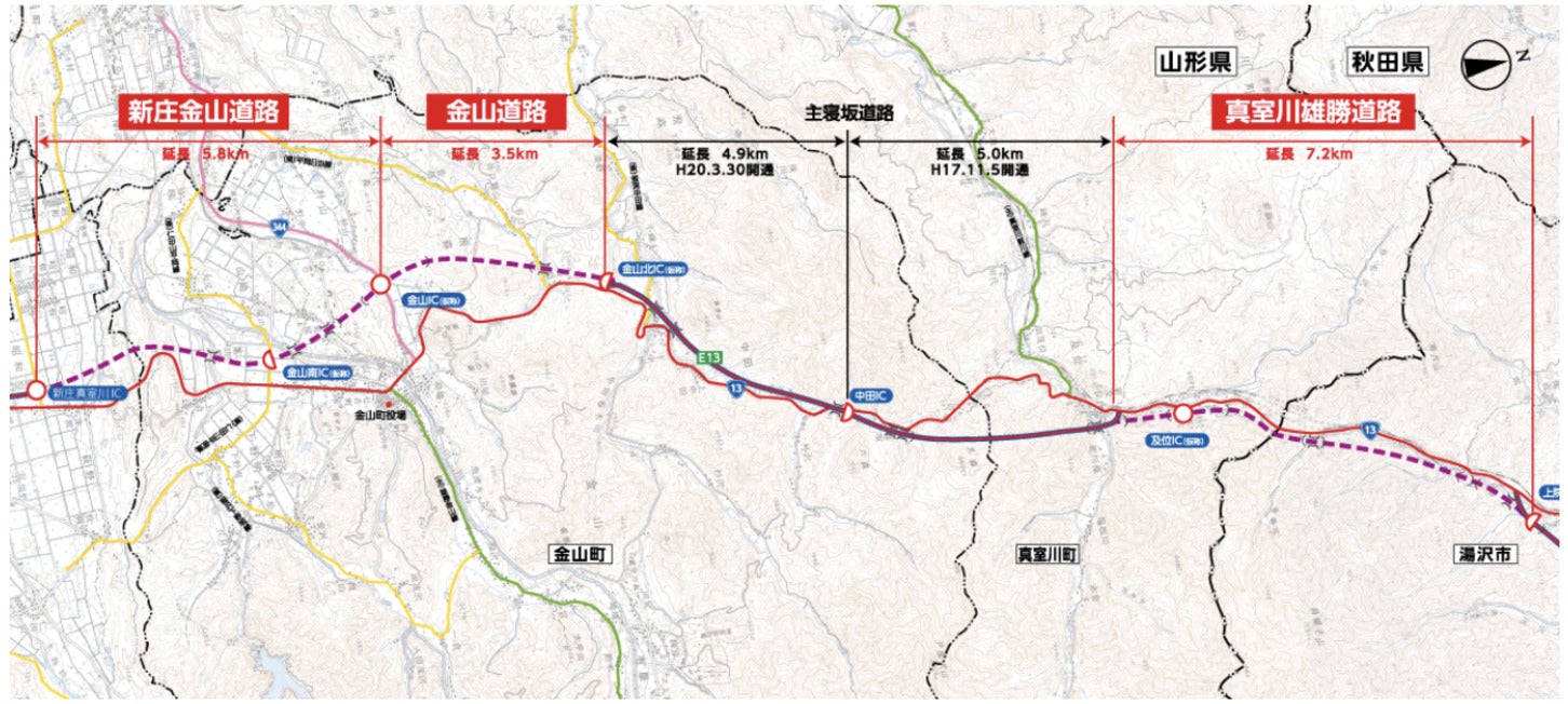 東北中央自動車道の未開通区間の概略図