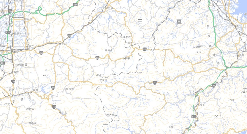 五條・吉野～伊勢方面には2本の国道があるが、いずれも長い山岳地帯を抜ける