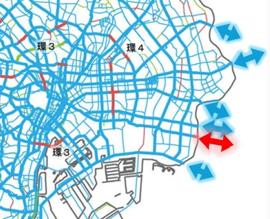 東京都の優先整備路線にリストアップされている堀江橋計画（図右端赤矢印）