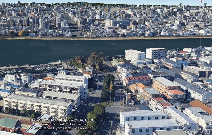 千葉県側の「さくら通り」も堤防手前まで開通している (c)Google Earth