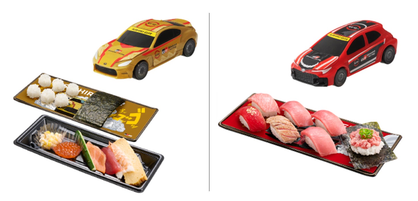 左から「GAZOO Racing コラボ限定ミニカー＆BOX付き つくローセット」「GAZOO Racing コラボ限定ミニカー付き 天然本鮪7貫盛り」イメージ