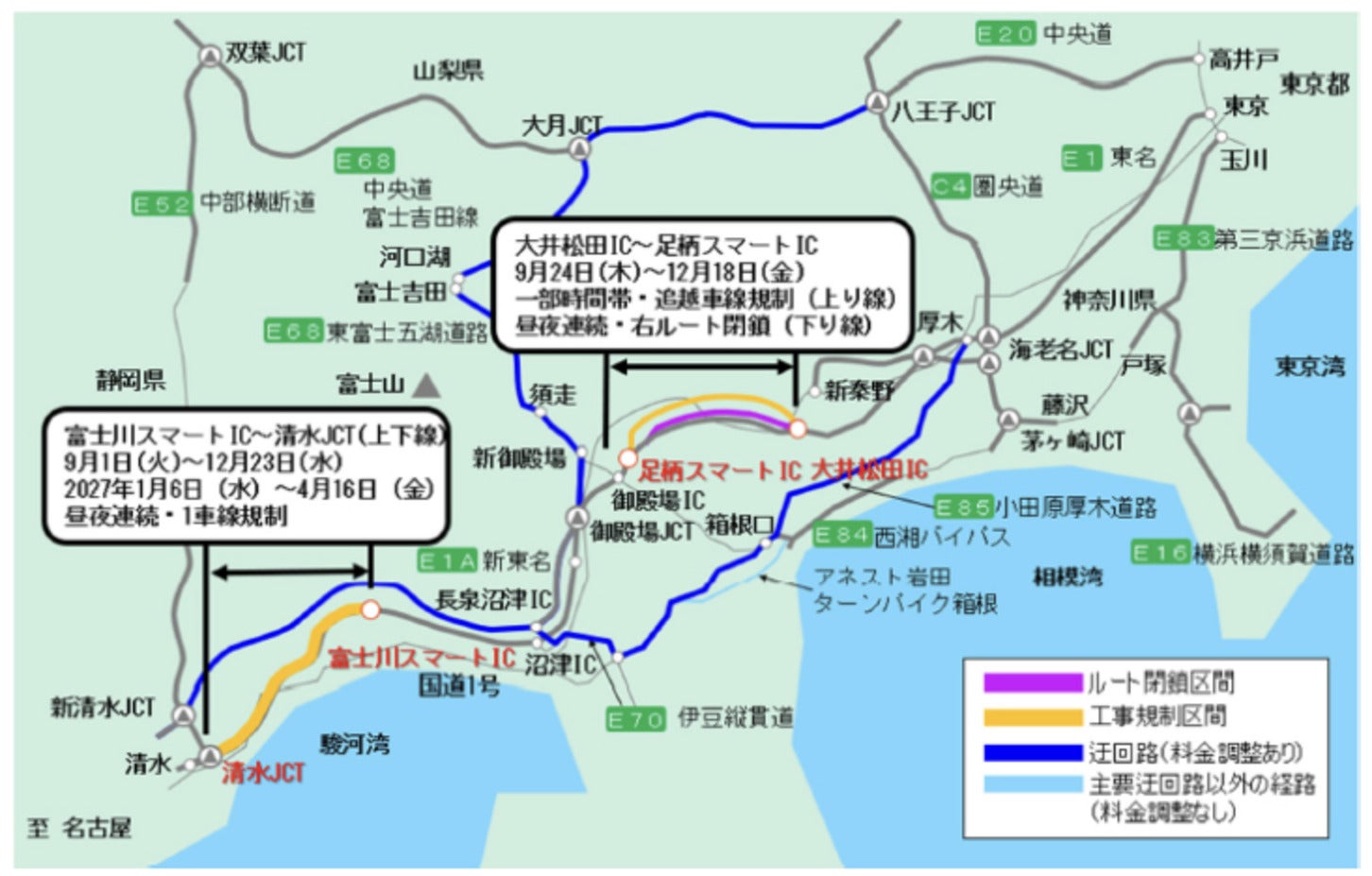 東名高速道路、大井松田IC～清水JCTでの車線規制