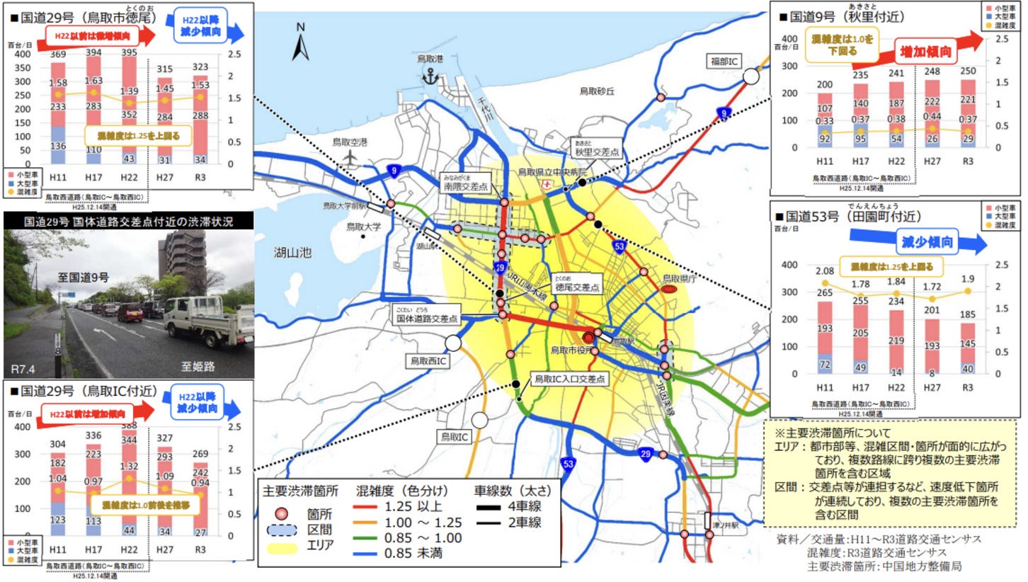 国道9号、29号、53号などで交通渋滞が発生している