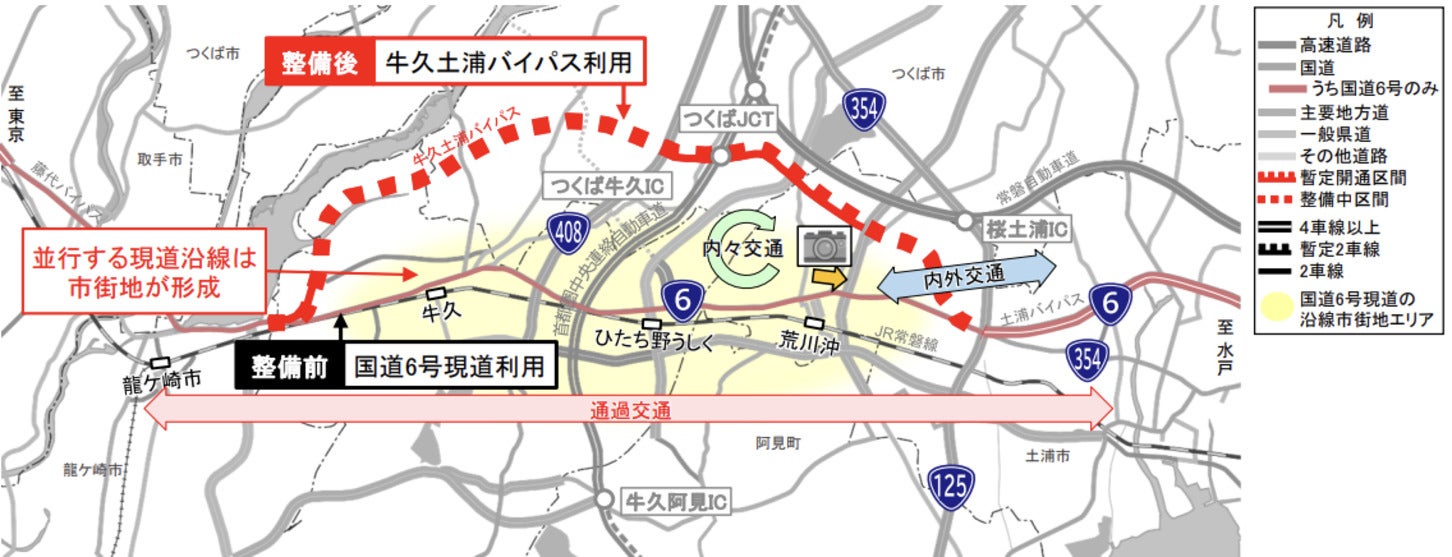 牛久土浦バイパスに並行する国道6号沿線に市街地が形成されている