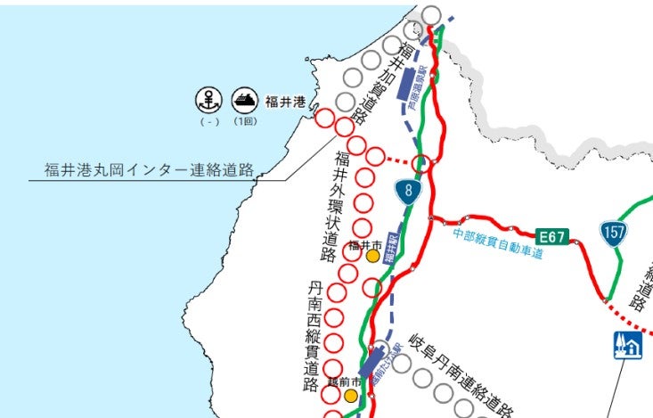 福井加賀道路の概要。新たな南北軸として「福井外環状道路」などと一体で計画されている