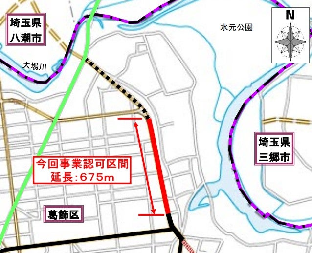 「補助第277号線」は大場川を越えて埼玉県八潮市につながる計画だ