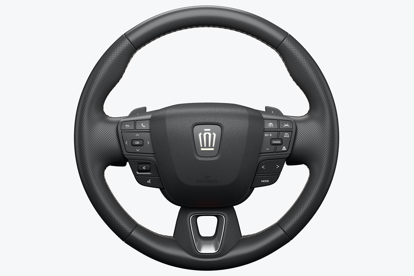 トヨタ・クラウン スポーツRS｜ステアリングスイッチ周辺（ブラック）、スポーク（ダークグレーメタル）、ステッチ（ライトグレー／かがり縫い）＋ディンプル加工＋パドルシフト
