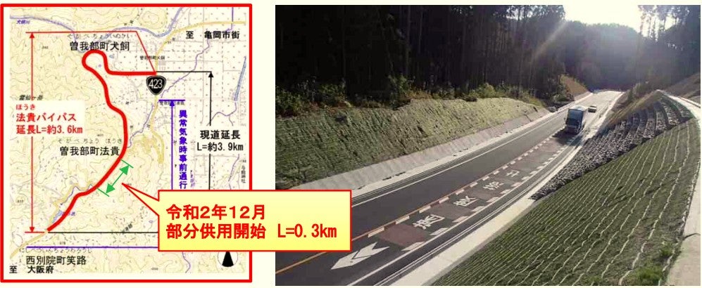亀岡市の国道423号で整備中の「法貴バイパス」